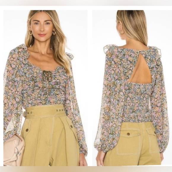 Free People Tops - FREE PEOPLE Mabel garden combo woman ruch front puff sleeve milkmaid blouse M
